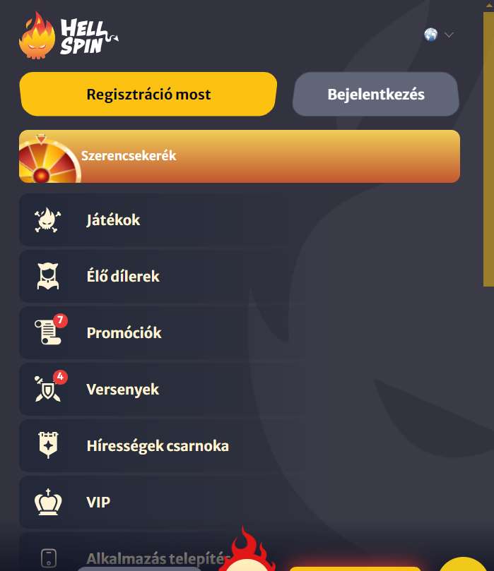 Hellspin Casino weboldal menü