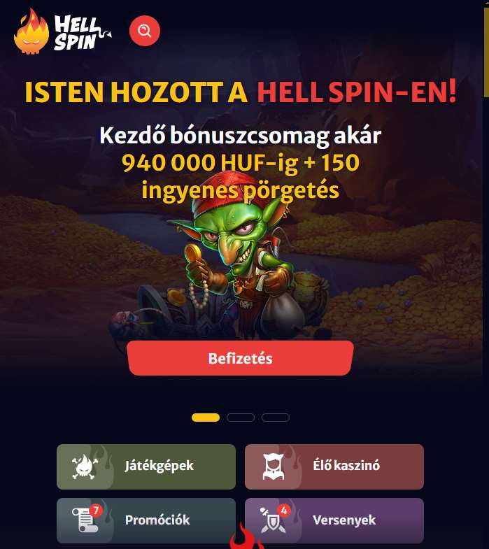 A Hellspin webhely kezdőképernyője